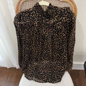 Black Leopard Print Sheer Blouse L